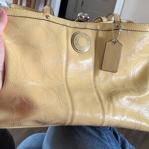 Coach Op Art Yellow Patent Leather With Stitched C Silver Kisslock Satchel